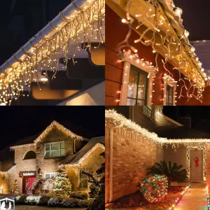 Battery Operated 8 Function LED Icicle Lights (240 Lights) - Warm White Lights